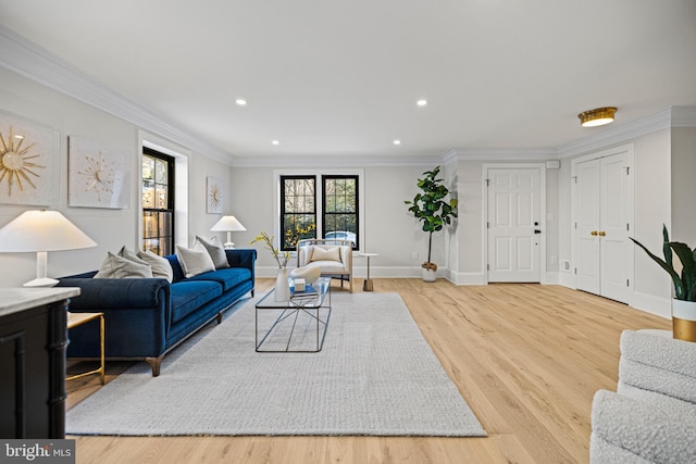 living room featuring light hardwood / wood-style floors, ornamental molding, and a wealth of natural light