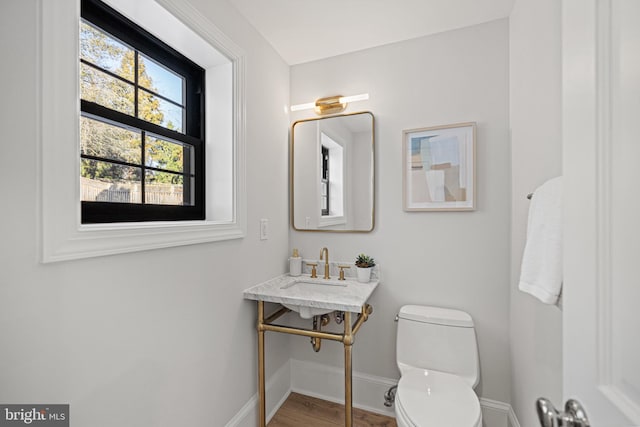 bathroom with toilet, wood-type flooring, and sink