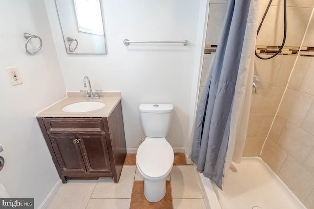 bathroom with vanity, a shower with curtain, tile patterned floors, and toilet