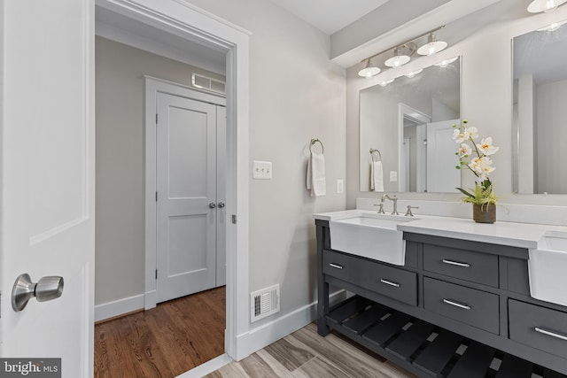 bathroom with hardwood / wood-style floors and vanity