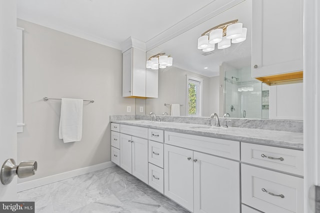 bathroom featuring walk in shower, crown molding, and vanity