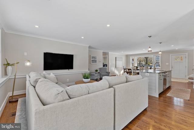 living room featuring sink, light hardwood / wood-style flooring, and crown molding