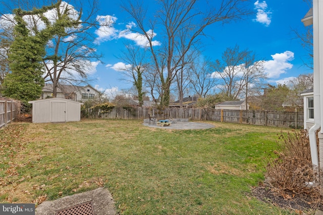 view of yard with a patio area and a shed