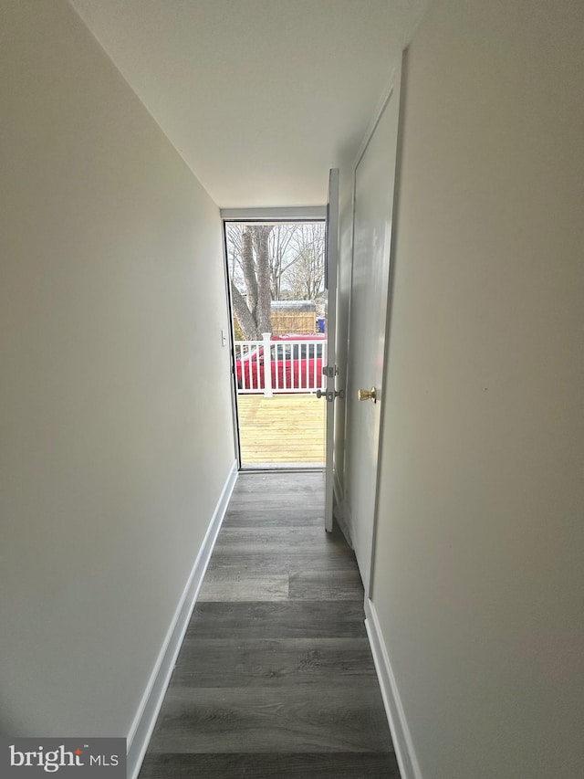 corridor with dark wood-type flooring and floor to ceiling windows