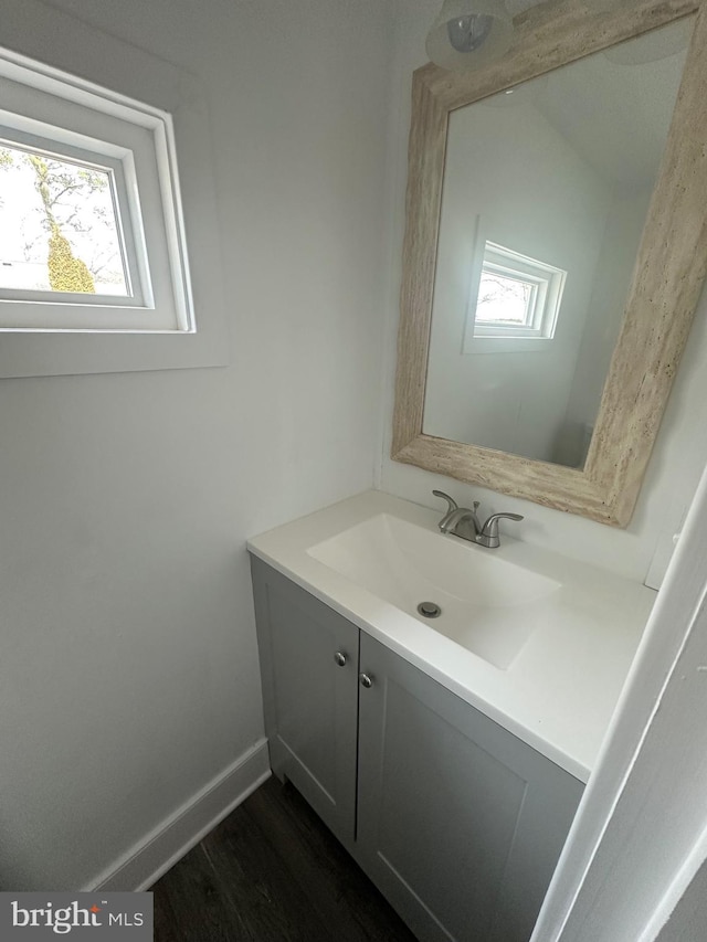 bathroom with vanity and wood-type flooring