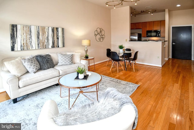 living room with light wood-type flooring and rail lighting