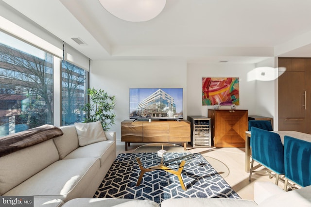 living room with beverage cooler