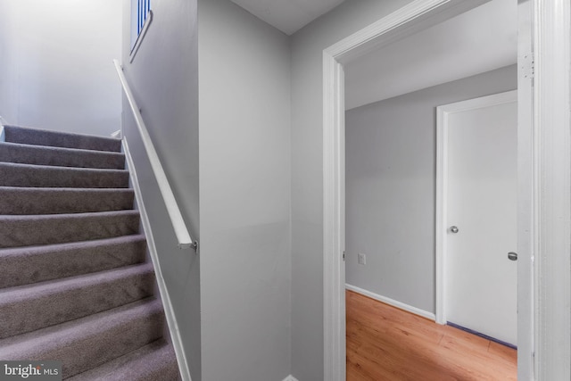 staircase with hardwood / wood-style flooring