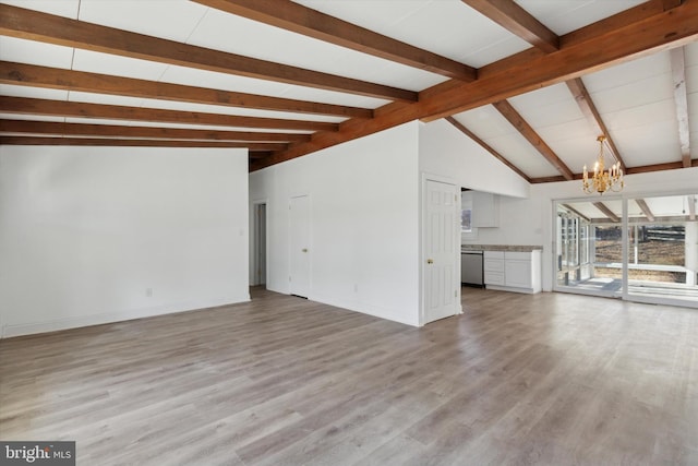 unfurnished living room with an inviting chandelier, lofted ceiling with beams, and light hardwood / wood-style flooring