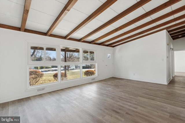 unfurnished living room with lofted ceiling with beams and hardwood / wood-style flooring