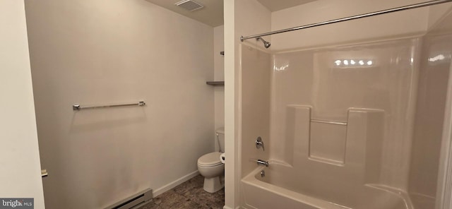 bathroom with toilet, a baseboard heating unit, and bathing tub / shower combination