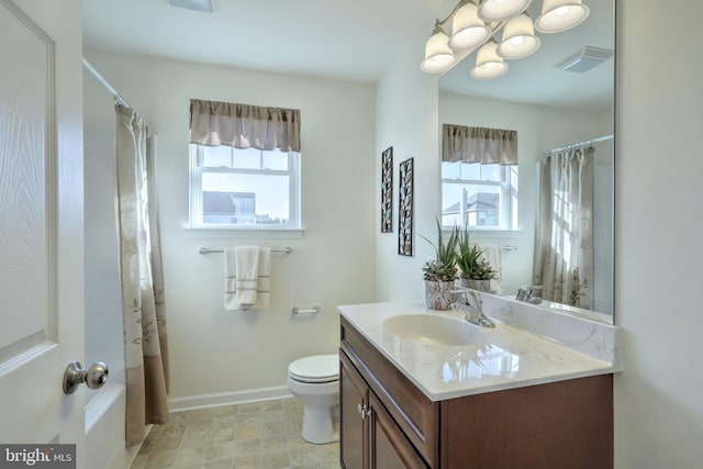 full bathroom with toilet, shower / tub combo, and vanity