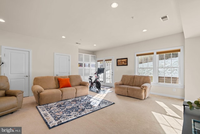 living room featuring light colored carpet