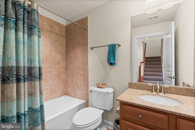 full bathroom with toilet, shower / bathtub combination with curtain, and vanity