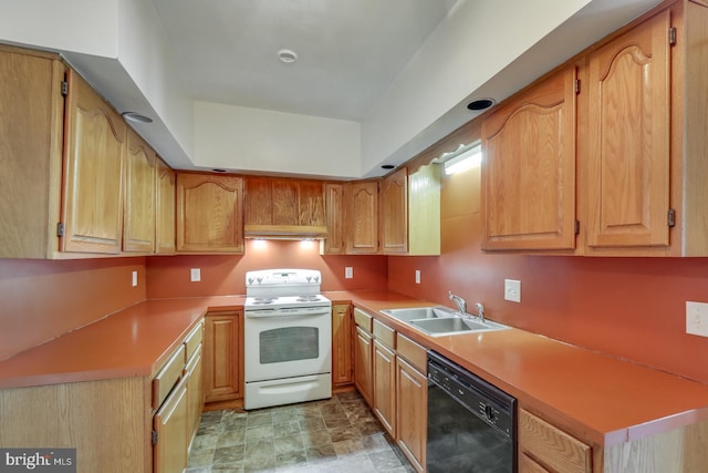 kitchen featuring sink, extractor fan, white electric stove, and black dishwasher