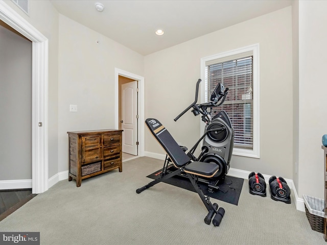 workout room featuring carpet floors