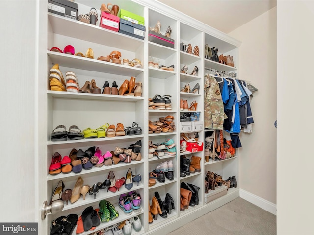 spacious closet featuring light carpet