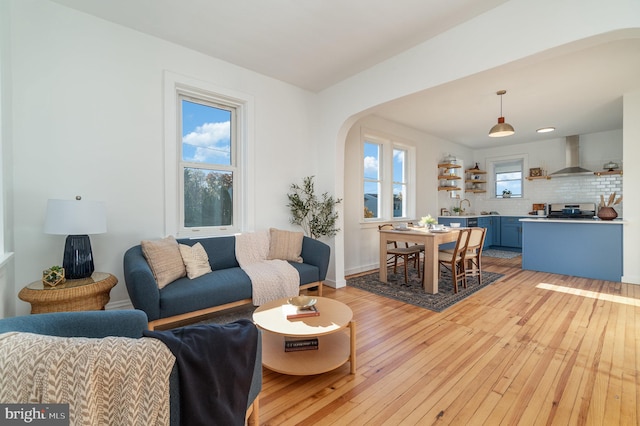 living room with light hardwood / wood-style flooring and sink