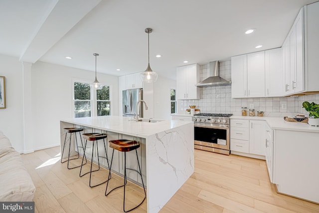 kitchen featuring tasteful backsplash, light wood-style floors, appliances with stainless steel finishes, and wall chimney range hood