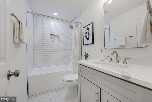 bathroom featuring vanity, visible vents, tile patterned flooring, toilet, and shower / tub combo with curtain