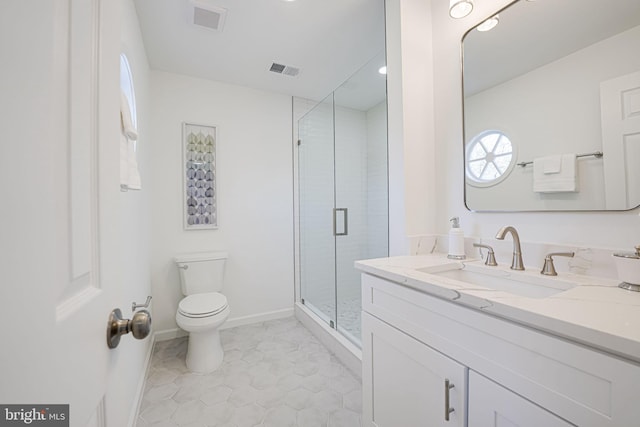 full bath with a shower stall, toilet, baseboards, and visible vents