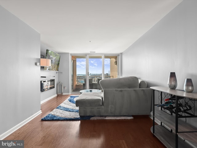 living room with expansive windows and dark hardwood / wood-style flooring