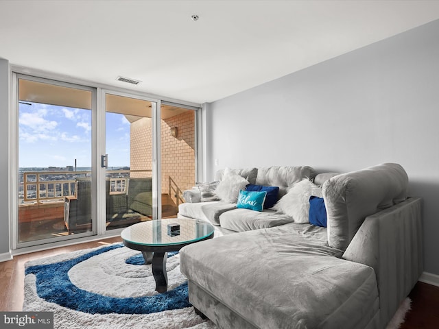 living room with wood-type flooring and floor to ceiling windows