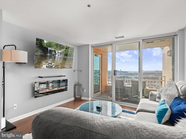 living room featuring dark wood-type flooring and expansive windows