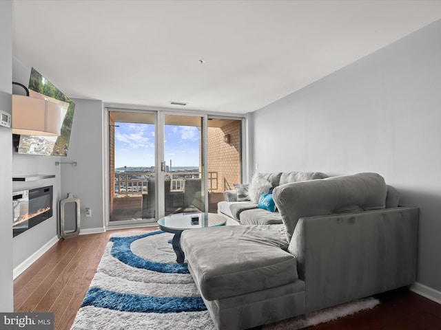 living room featuring a wall of windows and dark hardwood / wood-style flooring