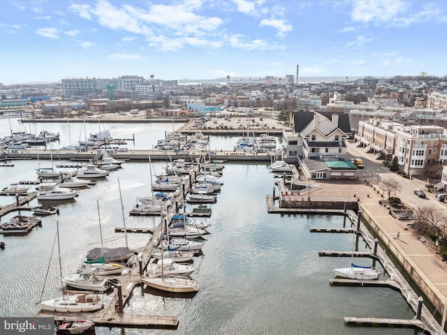 birds eye view of property featuring a water view