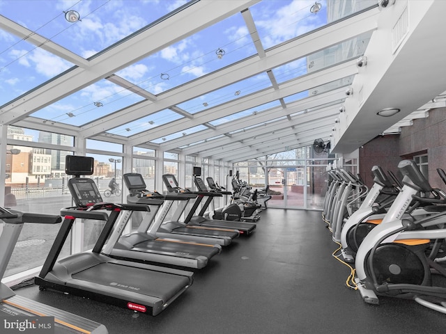 exercise room featuring floor to ceiling windows