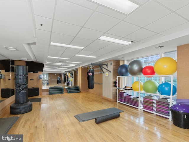 workout area featuring hardwood / wood-style flooring, floor to ceiling windows, and a paneled ceiling