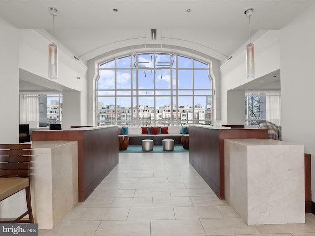 kitchen with vaulted ceiling, plenty of natural light, and pendant lighting