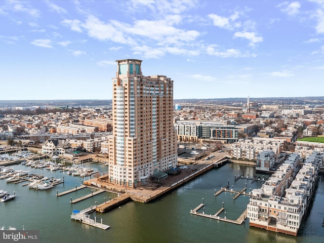 bird's eye view with a water view