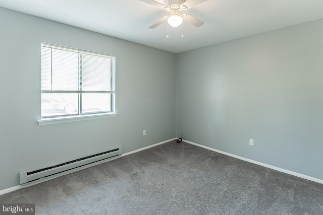 unfurnished room with carpet flooring, ceiling fan, and a baseboard radiator