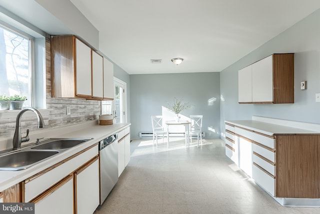 kitchen featuring decorative backsplash, a healthy amount of sunlight, sink, dishwasher, and white cabinetry