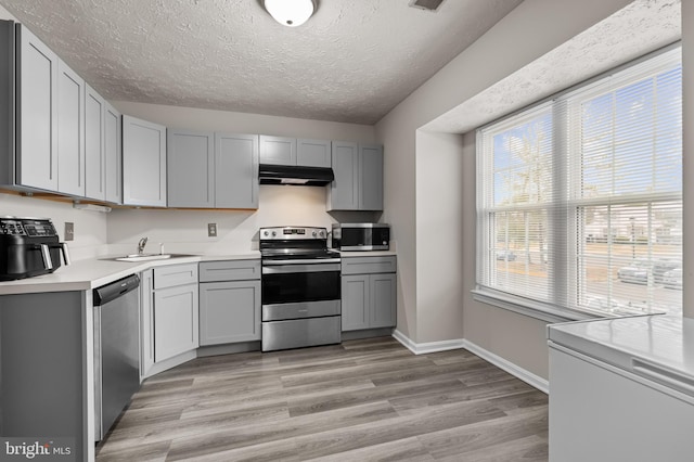 kitchen featuring appliances with stainless steel finishes, gray cabinets, a sink, and under cabinet range hood