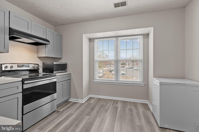 kitchen featuring visible vents, light wood-style flooring, appliances with stainless steel finishes, gray cabinets, and under cabinet range hood