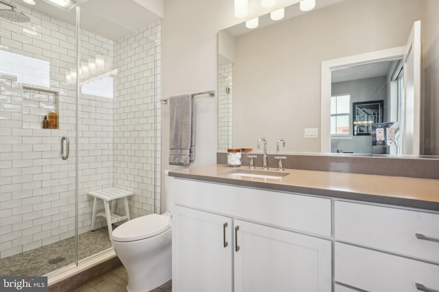 bathroom with toilet, a shower with door, and vanity