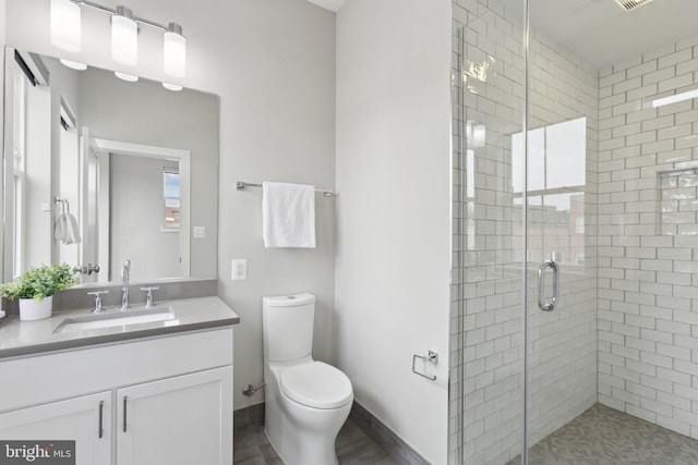 bathroom featuring vanity, toilet, and walk in shower