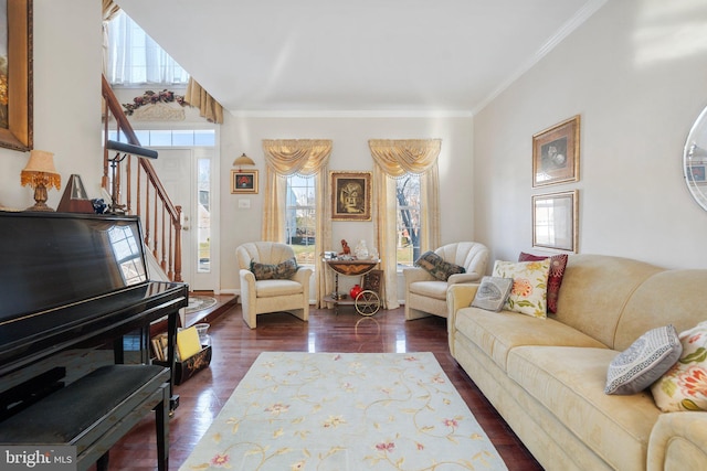 living room featuring dark wood-type flooring and ornamental molding