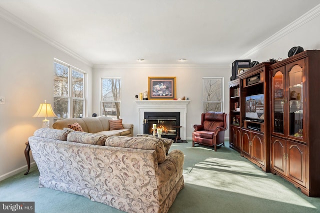 living room with crown molding and carpet floors