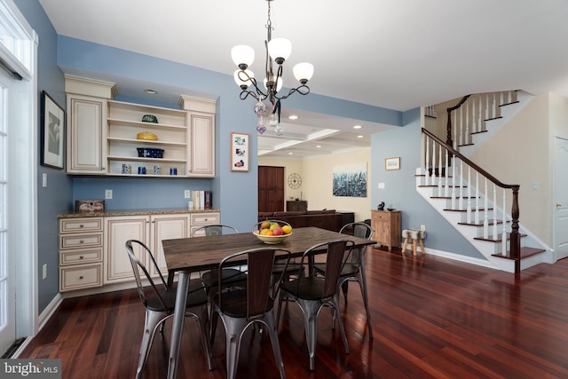 dining area with baseboards, dark wood-type flooring, stairs, a notable chandelier, and recessed lighting