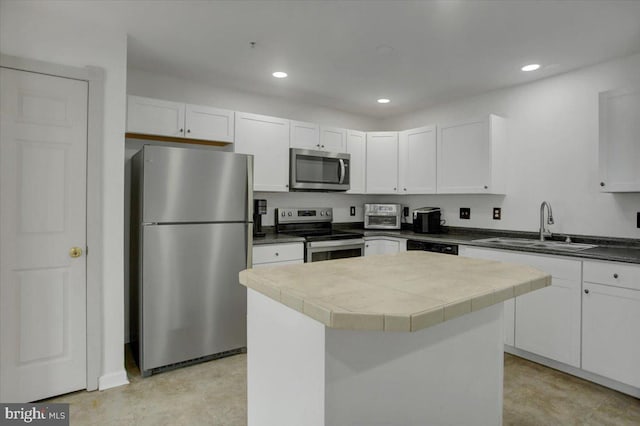 kitchen featuring a kitchen island, sink, white cabinetry, and appliances with stainless steel finishes