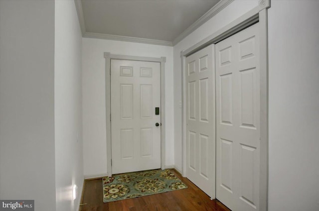 doorway with crown molding and dark wood-type flooring