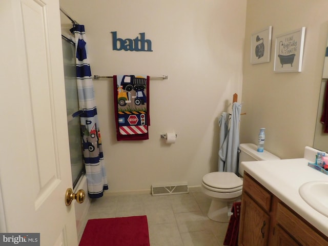 full bathroom with tile patterned flooring, vanity, toilet, and shower / bathtub combination with curtain