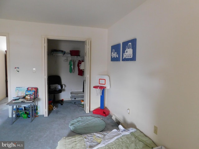 bedroom featuring carpet and a closet