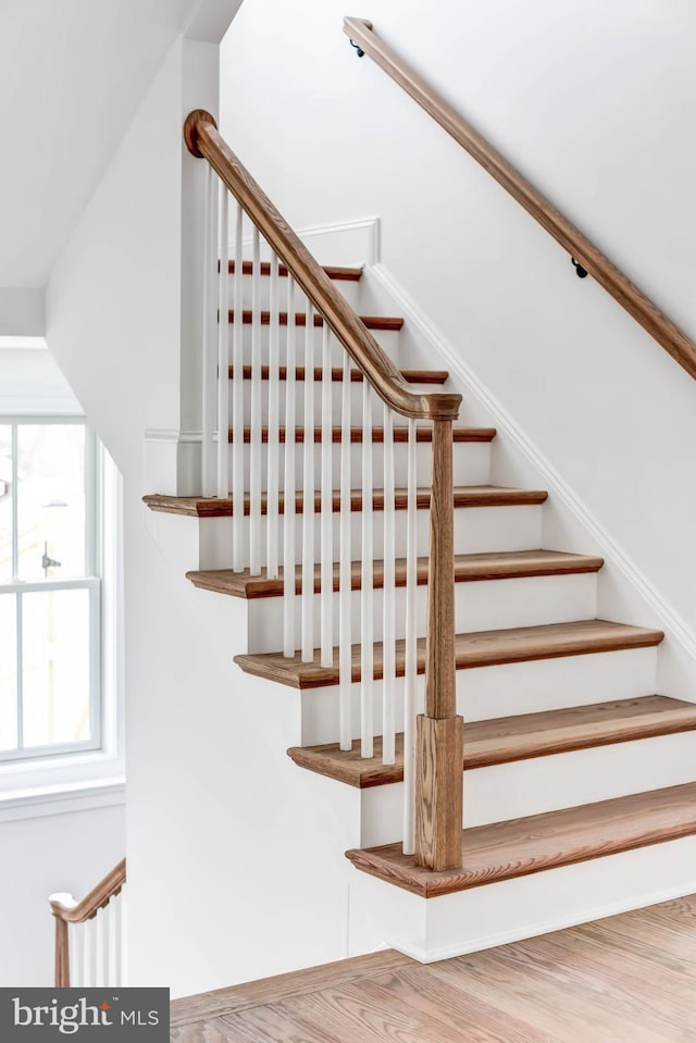 staircase with hardwood / wood-style flooring