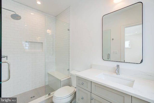 bathroom with vanity, toilet, and walk in shower