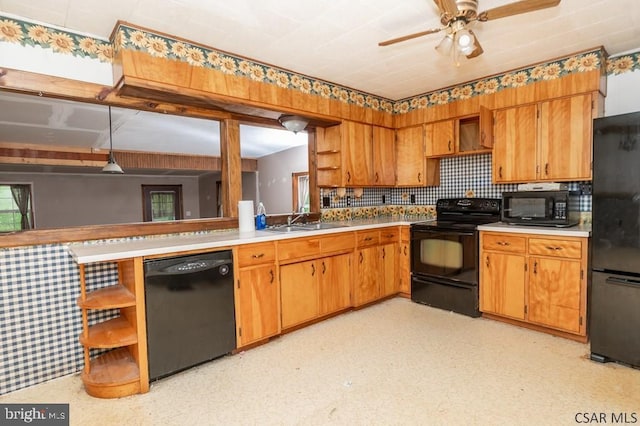 kitchen featuring tasteful backsplash, ceiling fan, sink, and black appliances